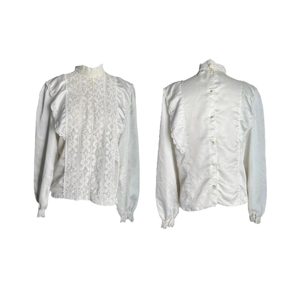Vintage White Long Sleeve Blouse Lace Victorian Style Top Ruffle Size M